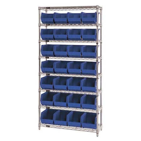 Steel, Polypropylene Bin Shelving, 36 In W X 74 In H X 12 In D, 8 Shelves, Blue