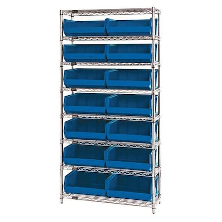 Steel, Polypropylene Bin Shelving, 36 In W X 74 In H X 14 In D, 8 Shelves, Blue