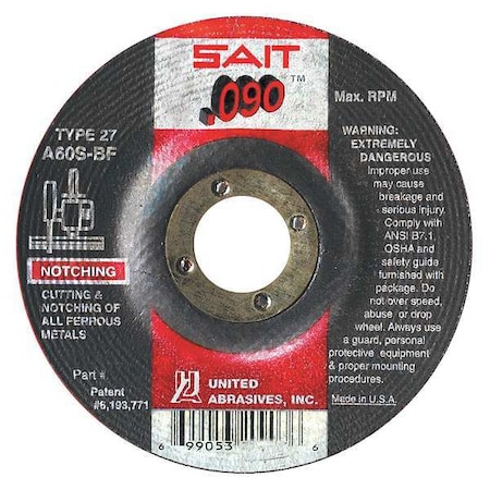 Depressed Center Wheels, Type 27, 4-1/2 Dia, .090 Thick, 7/8 Arbor Hole Size, Aluminum Oxide