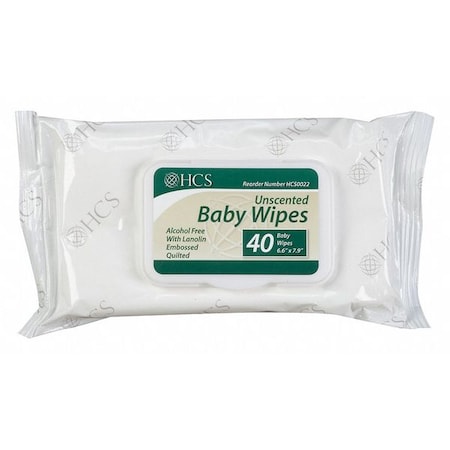 Baby Wipes, White, Pack, Paper, 12 PK, 40 Wipes, 6 5/8 In X 7 7/8 In, Unscented