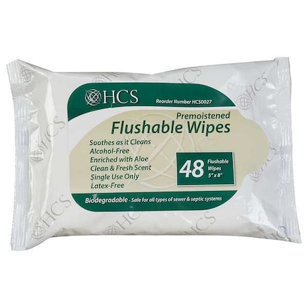 Flushable Wipes, White, Pack, Paper, 12 PK, 48 Wipes, 5 In X 8 In, Scented