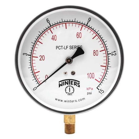 Pressure Gauge, 0 To 15 Psi, 1/4 In MNPT, Stainless Steel, Silver