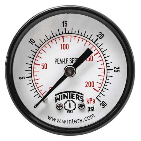 Pressure Gauge, 0 To 30 Psi, 1/4 In MNPT, Steel, Black