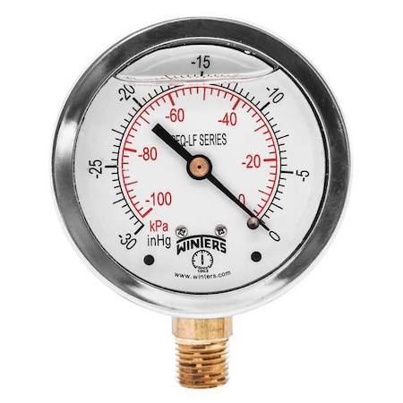 Vacuum Gauge, -30 To 0 In Hg, 1/4 In MNPT, Stainless Steel, Silver