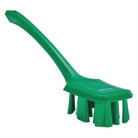 2 7/8 In W Scrub Brush, Stiff, 11 1/4 In L Handle, 4 3/4 In L Brush, Green, Plastic