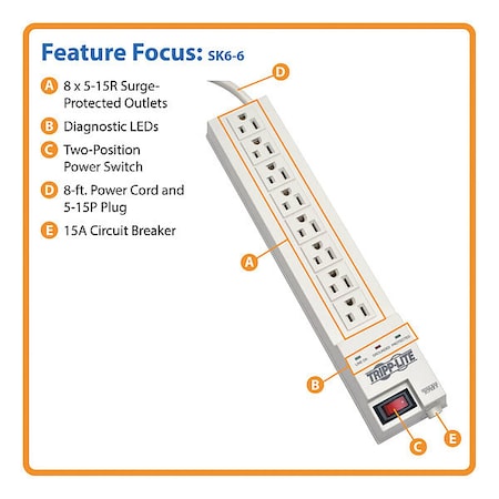 8 Outlets, 8ft Cord, 1200 Joules, Holds