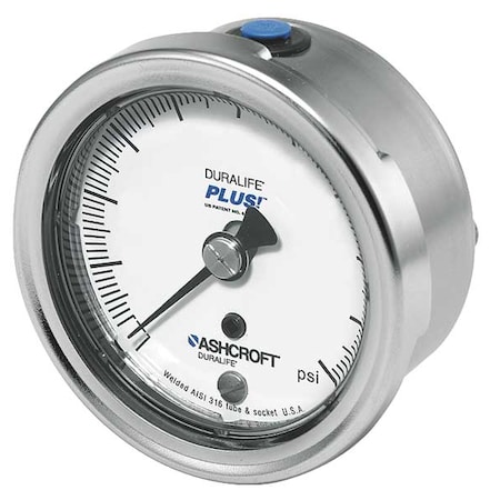 Pressure Gauge, 0 To 15 Psi, 1/4 In MNPT, Stainless Steel, Silver