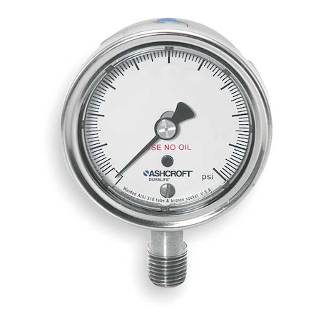 Pressure Gauge, 0 To 1000 Psi, 1/4 In MNPT, Stainless Steel, Silver