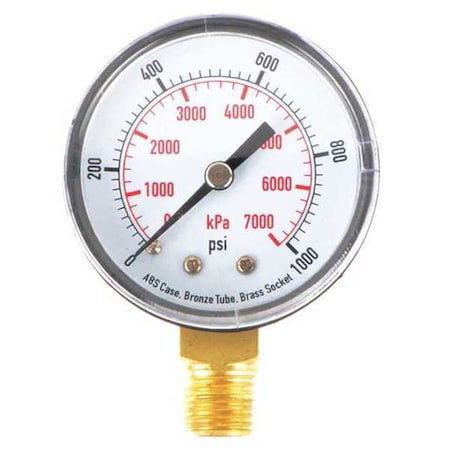 Pressure Gauge, 0 To 1000 Psi, 1/4 In BSPT, Plastic, Black