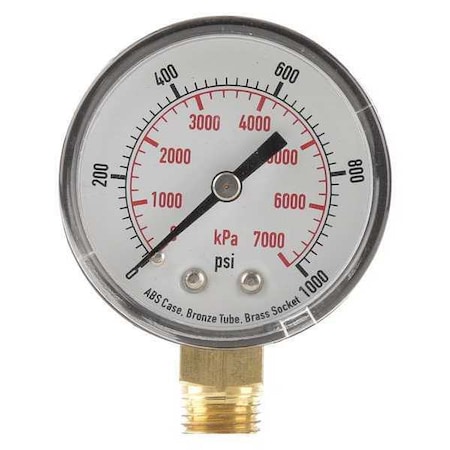 Pressure Gauge, Commercial, 0 To 1000 Psi, 2 In Dial, 1/4 In MNPT, Plastic, Black