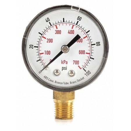 Pressure Gauge, Commercial, 0 To 100 Psi, 2 In Dial, 1/4 In MNPT, Plastic, Black