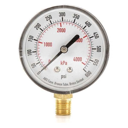 Pressure Gauge, 0 To 600 Psi, 1/4 In MNPT, Plastic, Black