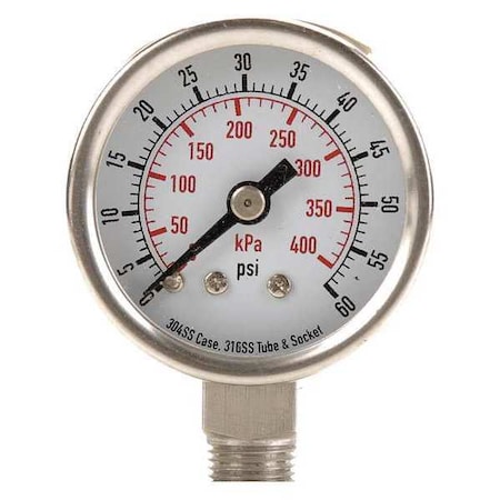 Pressure Gauge, 0 To 60 Psi, 1/8 In MNPT, Stainless Steel, Silver