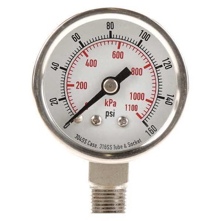 Pressure Gauge, 0 To 160 Psi, 1/8 In MNPT, Stainless Steel, Silver