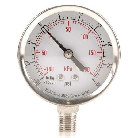 Compound Gauge, -30 To 0 To 30 In Hg/psi, 1/4 In MNPT, Stainless Steel, Silver