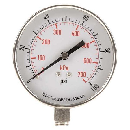 Pressure Gauge, 0 To 100 Psi, 1/4 In MNPT, Stainless Steel, Silver