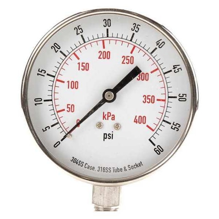 Pressure Gauge, 0 To 60 Psi, 1/4 In MNPT, Stainless Steel, Silver