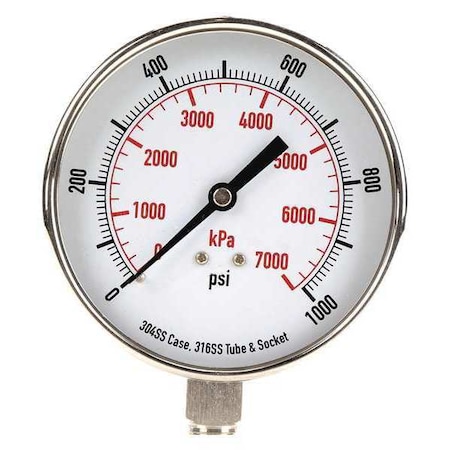 Pressure Gauge, 0 To 1000 Psi, 1/4 In MNPT, Stainless Steel, Silver