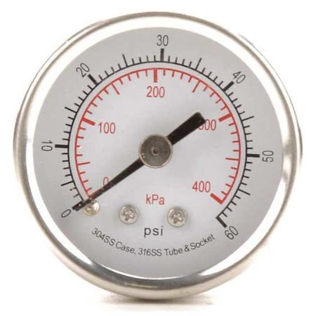 Pressure Gauge, 0 To 60 Psi, 1/8 In MNPT, Stainless Steel, Silver