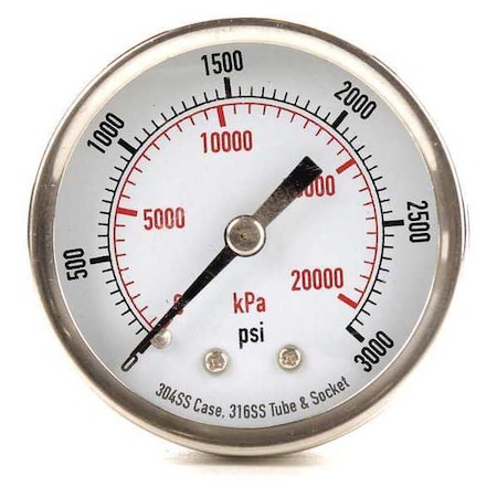 Pressure Gauge, 0 To 3000 Psi, 1/4 In MNPT, Stainless Steel, Silver