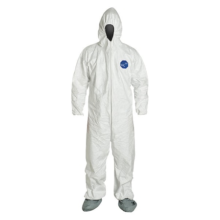 Tyvek 400 Hooded Disposable Coverall, Attached Skid-Resistant Boots, Elastic Wrist, Medium, White