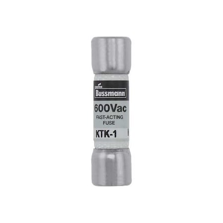 Fuse, Fast Acting, 1A, KTK Series, 600V AC, Not Rated, 1-1/2 L X 13/32 Dia