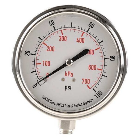 Pressure Gauge, 0 To 100 Psi, 1/4 In MNPT, Stainless Steel, Silver