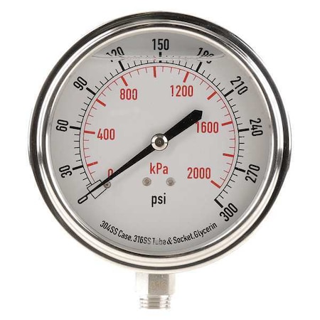 Pressure Gauge, 0 To 300 Psi, 1/4 In MNPT, Stainless Steel, Silver