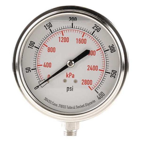 Pressure Gauge, 0 To 400 Psi, 1/4 In MNPT, Stainless Steel, Silver