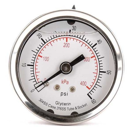 Pressure Gauge, 0 To 60 Psi, 1/4 In MNPT, Stainless Steel, Silver
