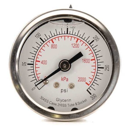 Pressure Gauge, 0 To 300 Psi, 1/4 In MNPT, Stainless Steel, Silver