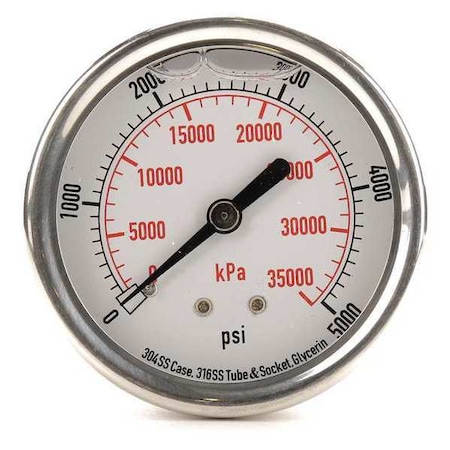 Pressure Gauge, 0 To 5000 Psi, 1/4 In MNPT, Stainless Steel, Silver