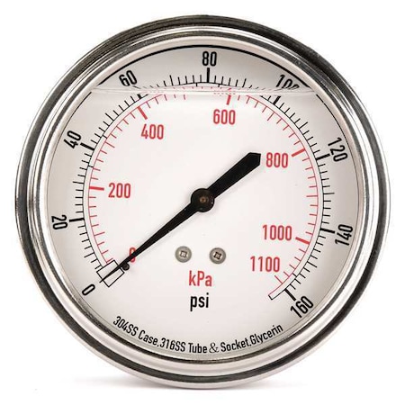 Pressure Gauge, 0 To 160 Psi, 1/4 In MNPT, Stainless Steel, Silver