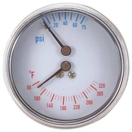 Boiler Gauge, Round, 0-75 PSI, 60 To 260 F, Case Color: Black