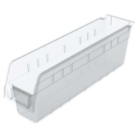 Shelf Storage Bin, Clear, Plastic, 17 7/8 In L X 4 1/8 In W X 6 In H, 25 Lb Load Capacity