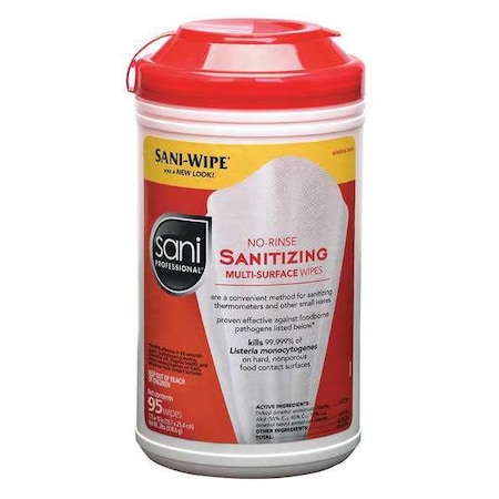 Sanitizing Wipes, White, Canister, Food Service Contact Surfaces, 95 Wipes, 7-3/4 In X 9 In