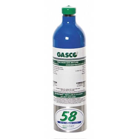 Calibration Gas, Carbon Monoxide/Hydrogen Sulfide/Methane/Oxygen/Nitrogen, 58 L, C-10 Connection