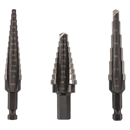 Step Drill Bit Set, Bright Finish, High Speed Steel, Black Oxide, 3-Piece