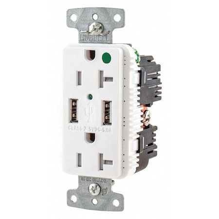 USB Charger Receptacle, 20 Amps, 125V AC, Flush Mount, Decorator Duplex Outlet, 5-20R, White