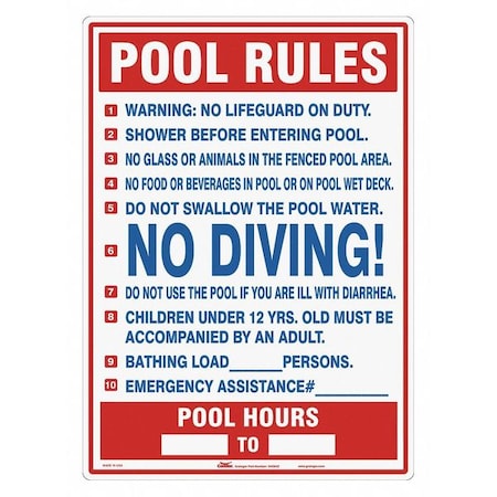 Safety Pool Rules Sign,28 H,20 W, 444M42