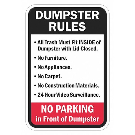 Rflctv Dumpster Rules Sign,18x12in,Alum, T1-1693-HI_12x18