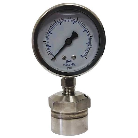 Pressure Gauge, 0 To 1000 Psi, 1/4 In FNPT, Stainless Steel, Silver