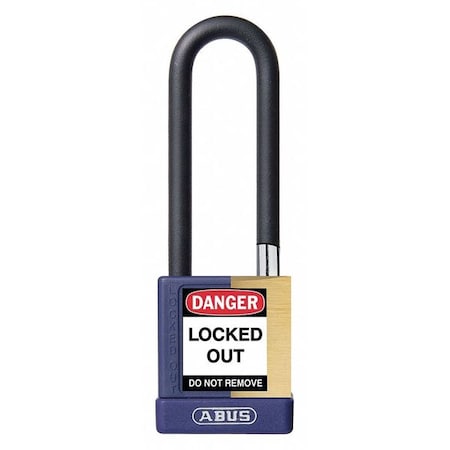 Keyed Padlock, Open, Rectangular Brass Body, Plastic Encased Hardened Steel Shackle, 3/4 In W