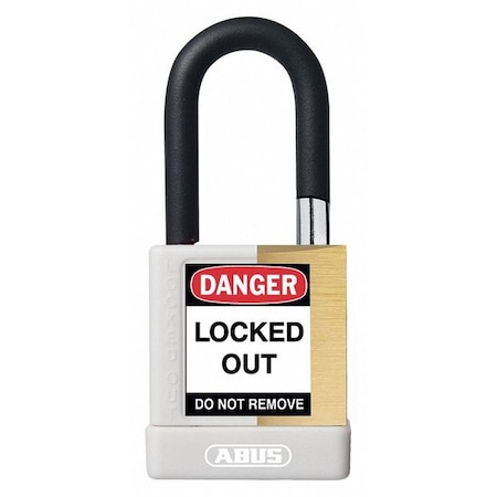 Keyed Padlock, Open, Rectangular Brass Body, Plastic Encased Hardened Steel Shackle, 3/4 In W