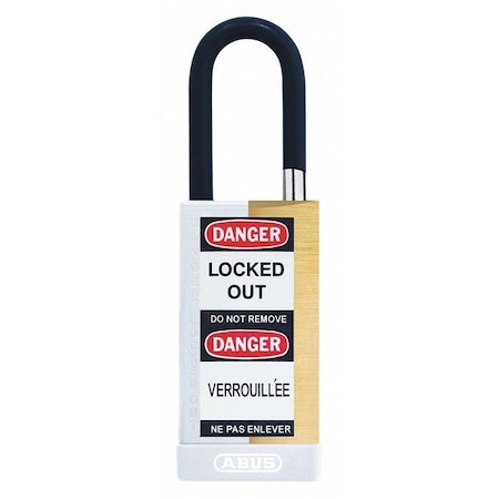 Keyed Padlock, Open, Rectangular Brass Body, Plastic Encased Hardened Steel Shackle, 3/4 In W