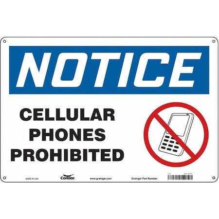 Safety Sign Cell Phone, 12 In H, 18 In W, Polyethylene, Horizontal Rectangle, English, 451P54