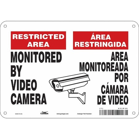 Security Sign, 7 In Height, 10 In Width, Aluminum, Vertical Rectangle, English, Spanish