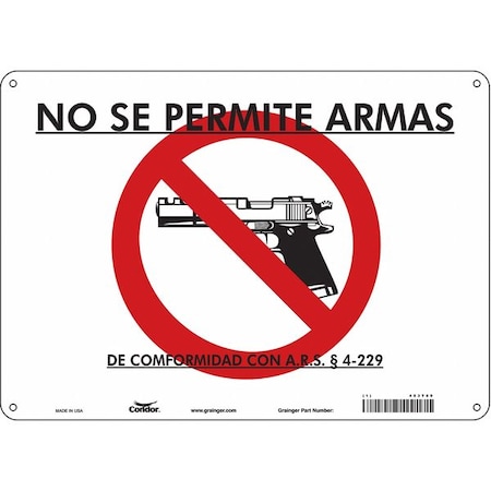 No Concealed Weapons Sign, 10 In Height, 14 In Width, Polyethylene, Horizontal Rectangle, Spanish