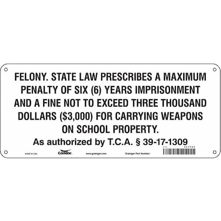 No Concealed Weapons Sign, 6 In Height, 14 In Width, Aluminum, Vertical Rectangle, English