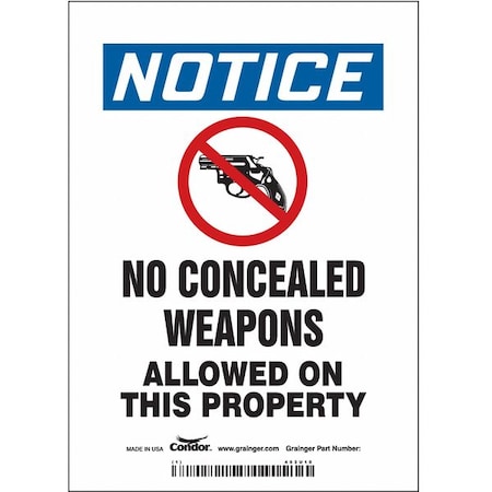 No Concealed Weapons Sign, 7 In H, 5 In W, Vinyl, Vertical Rectangle, English, 453U10